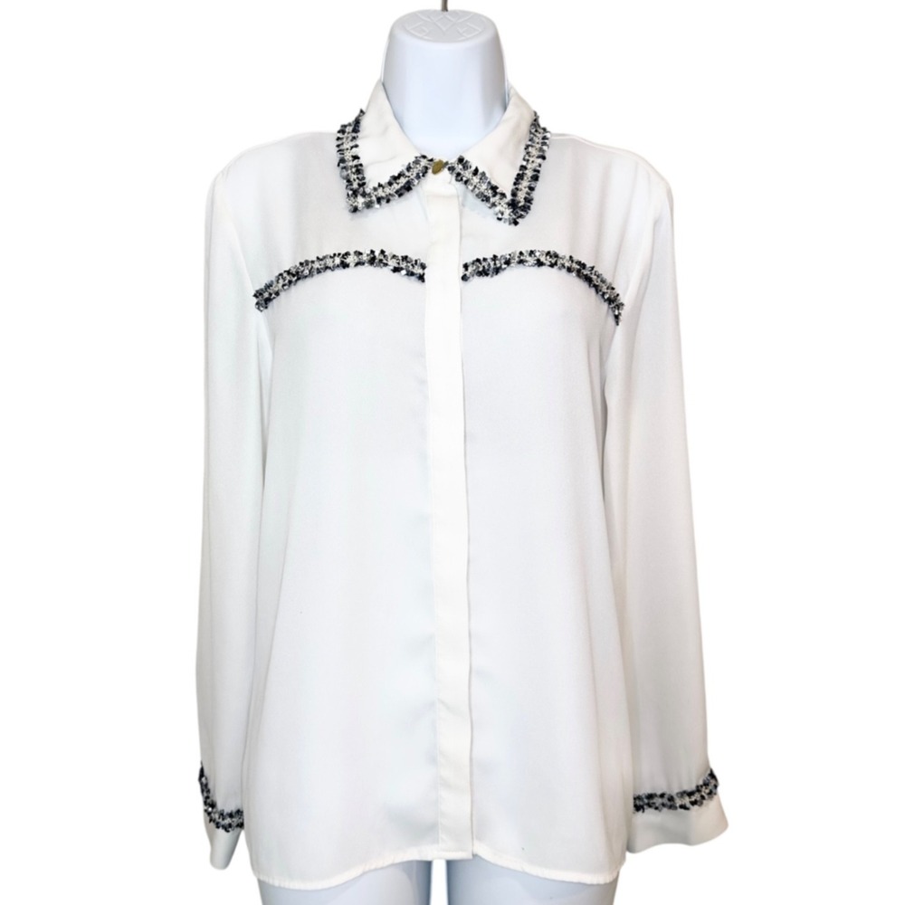 ZARA Women's Ivory Sheer Blouse Tweed Trim Long Sleeve Office Chic Classic S - Picture 2 of 15